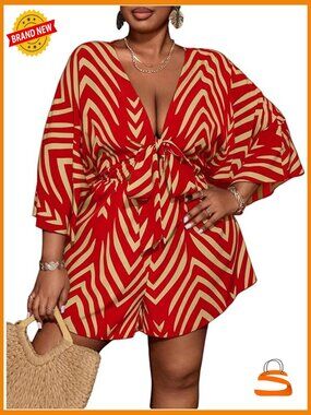 Plus Size Striped V Neck Tie Front Romper 3/4 Sleeve Loose Fit Jumpsuit